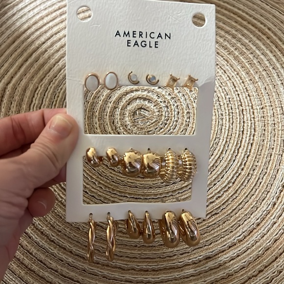 NWT AE Set of 9 Gold Earrings (Studs, Small Hoops, & Large Hoops) - Picture 1 of 3